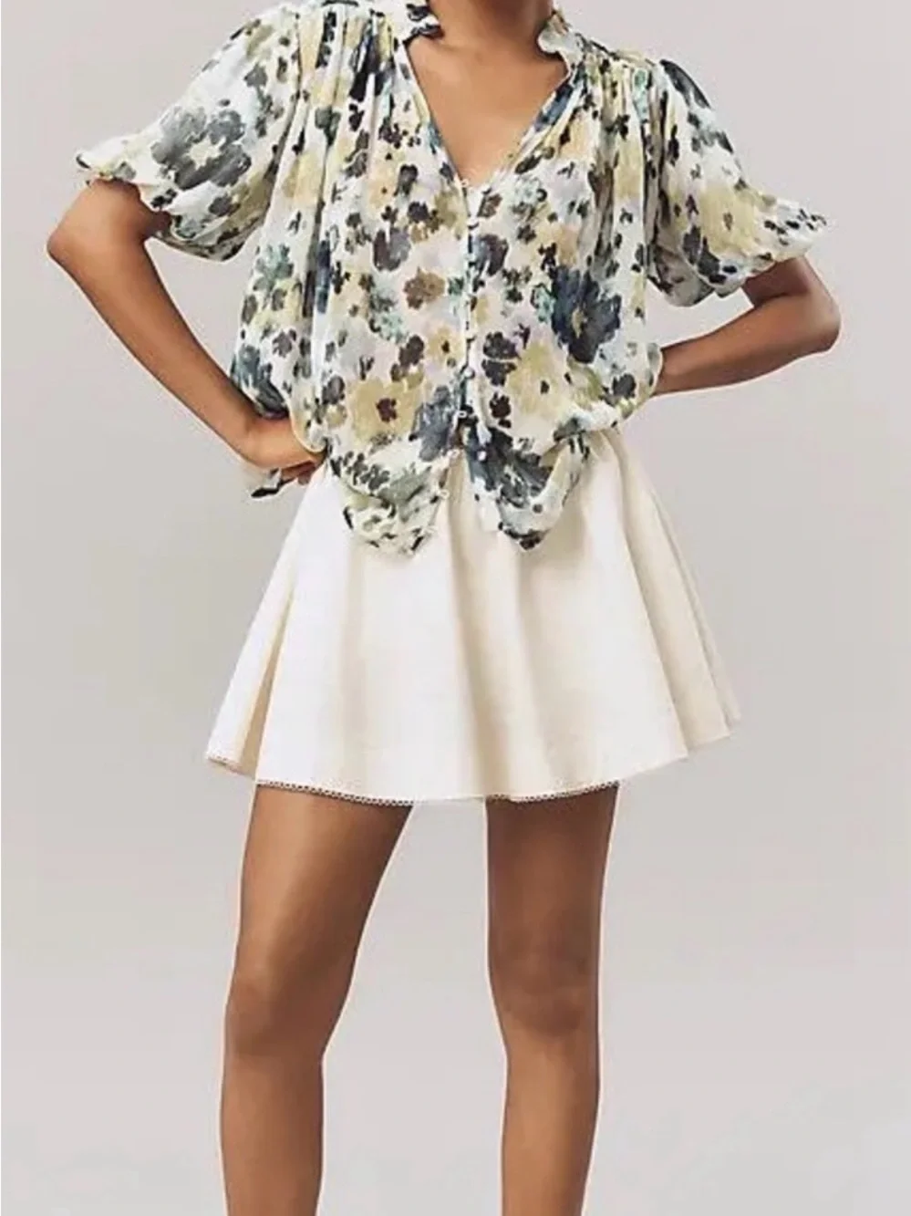 Anthropologie Watercolor Floral Button-Front Blouse in White, Green, Blue